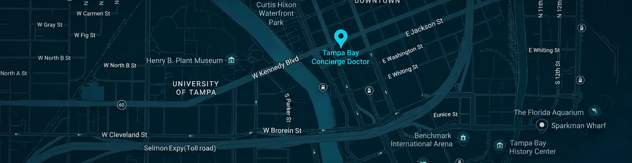 Map of downtown Tampa with our office marked at 201 E Kennedy Blvd, Suite 415